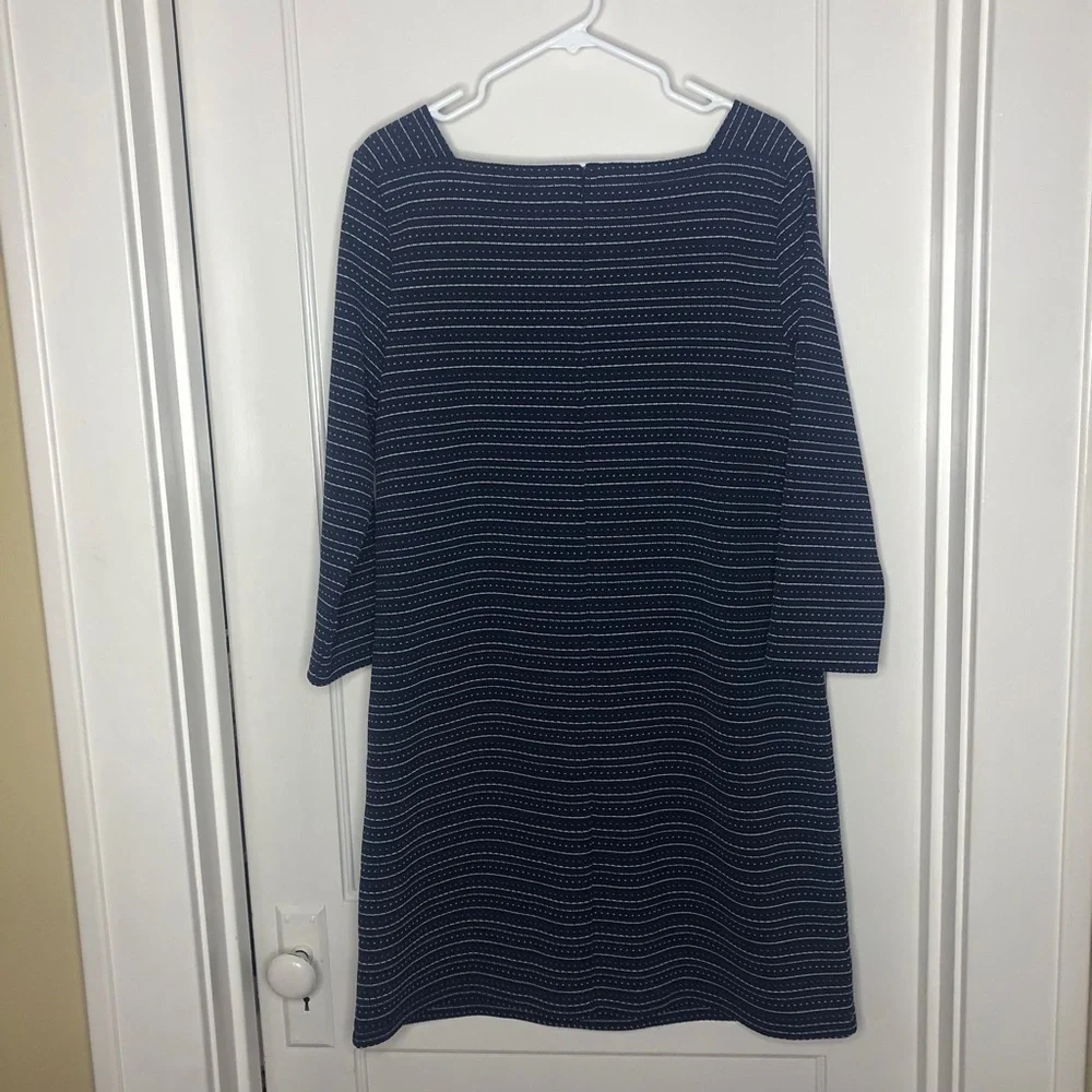 LOFT Blue/White Textured Stripe Square Neck Dress 3/4 Sleeve size Large …